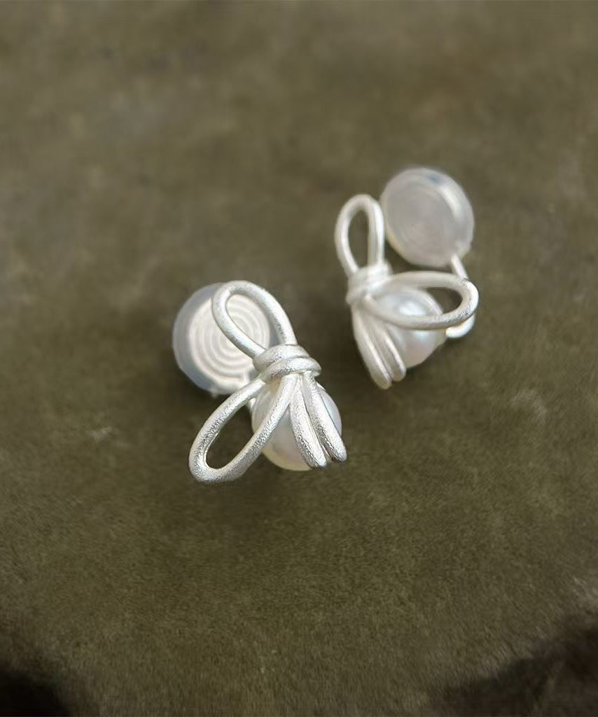 Unique Copper Overgild Bow Pearl Stud Earrings
