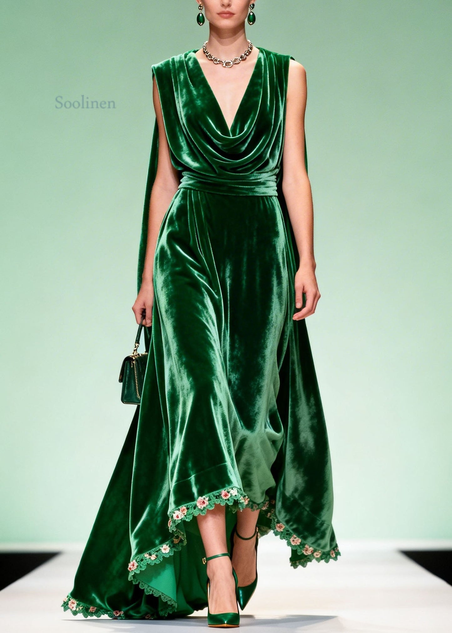 Unique Green Draped Neckline Floral Patchwork Velvet Dress Sleeveless