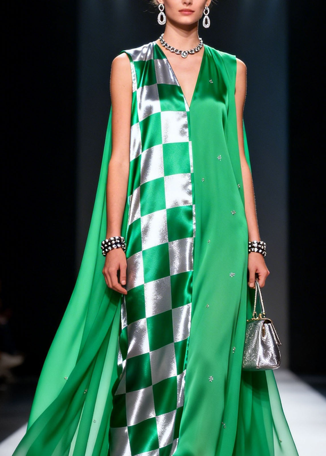 Unique Green V Neck Patchwork Chiffon Long Dress Summer