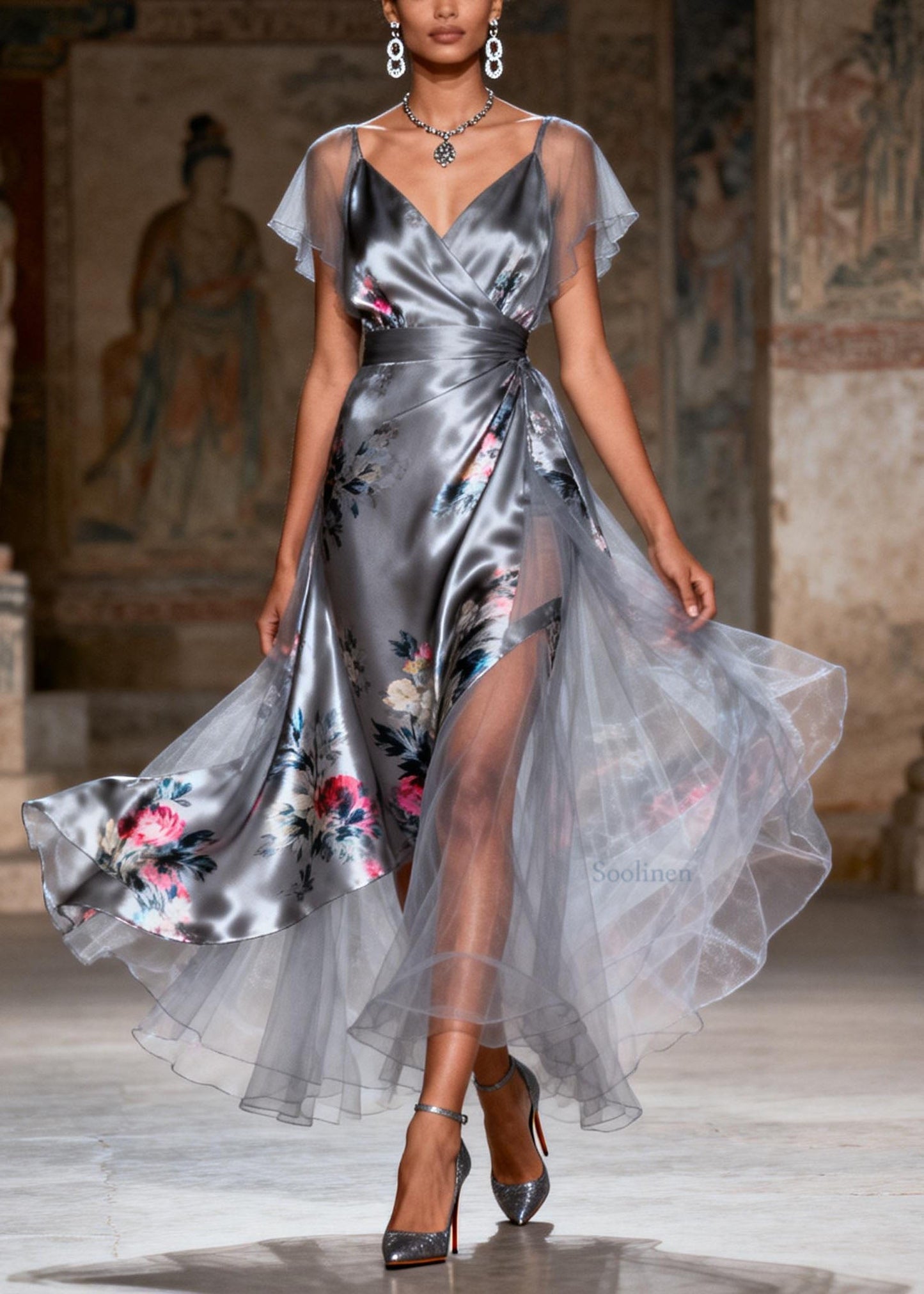 Unique Grey V Neck Print Patchwork Silk Dress Summer