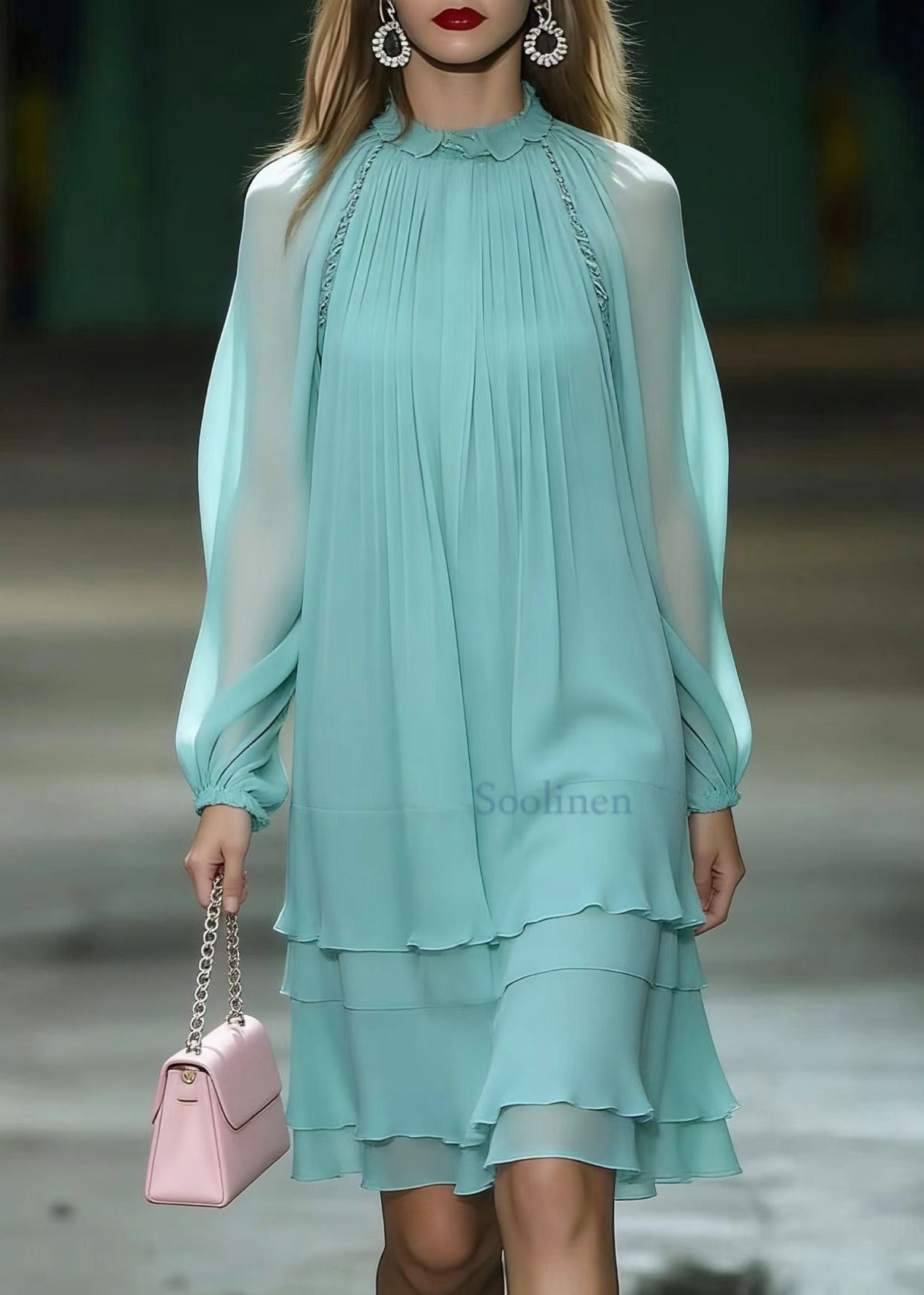 Unique Lake Blue Draping Layered Chiffon Day Dress Spring