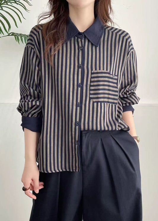 Unique Navy Peter Pan Collar Striped Cotton Shirt Top Spring