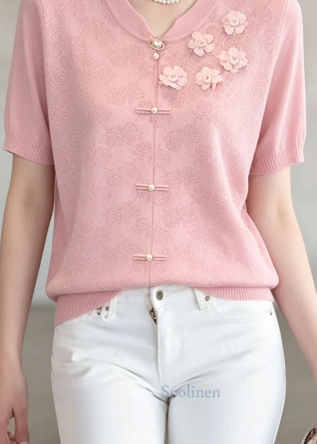 Unique Pink Jacquard Floral Thin Knit Top Summer