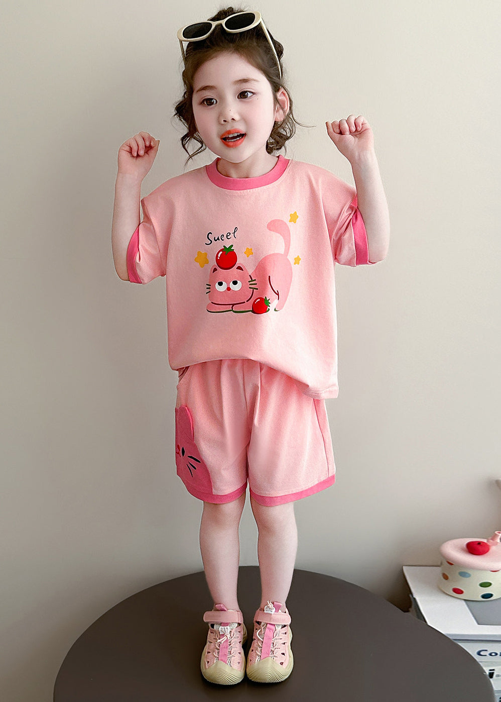 Unique Pink Oversized Print Cotton Baby Girls Two Pieces Set Summer