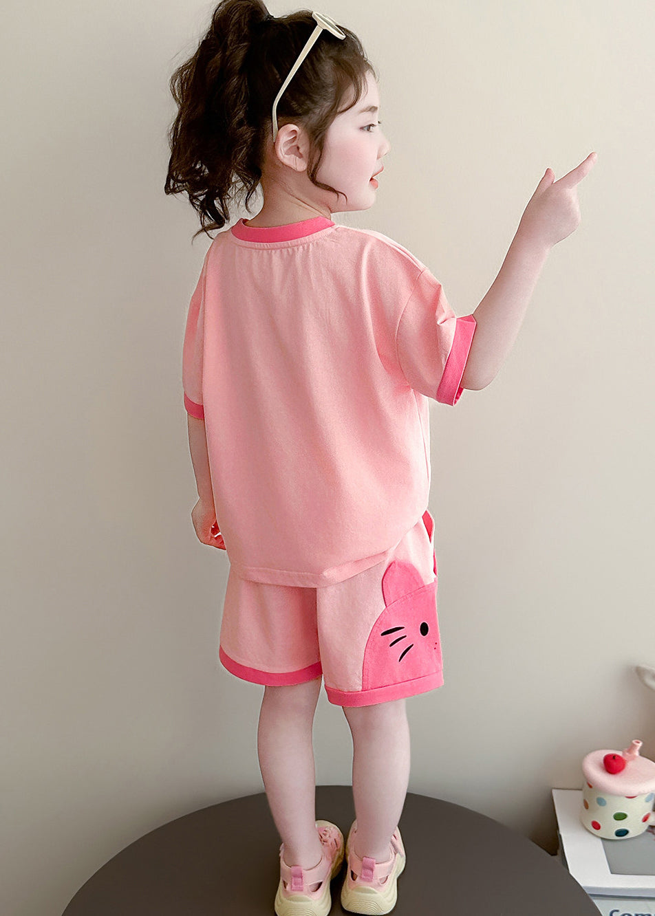 Unique Pink Oversized Print Cotton Baby Girls Two Pieces Set Summer