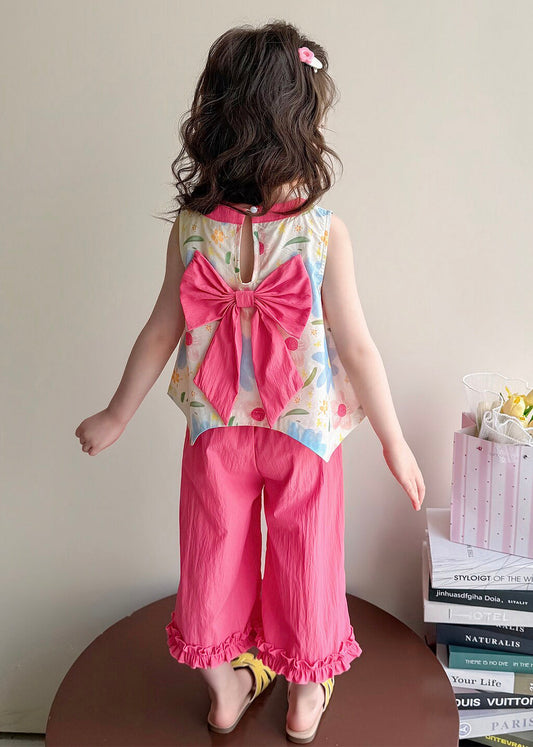 Unique Pink Ruffled Print Bow Cotton Kids Girls Two Piece Set Outfits Summer
