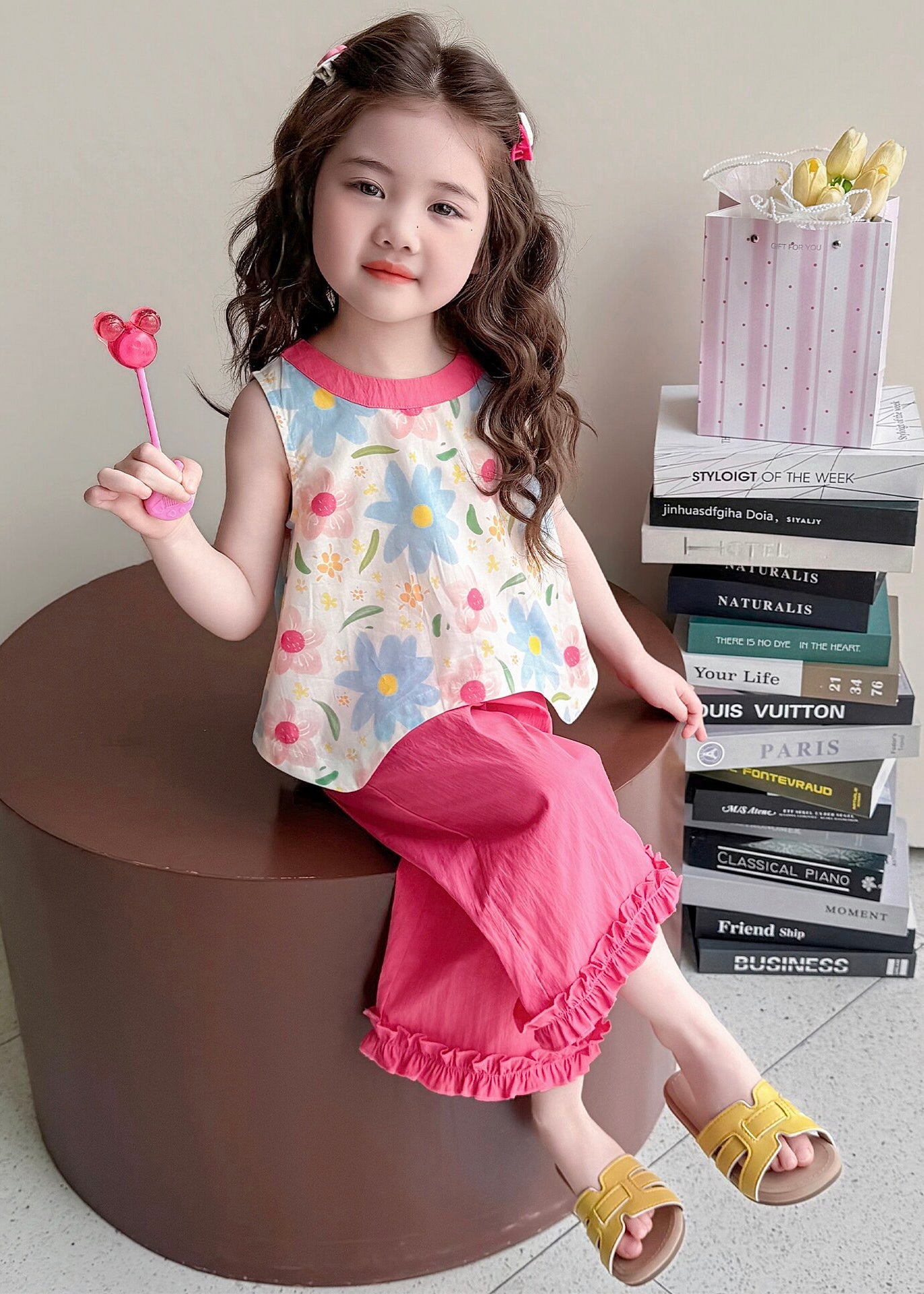 Unique Pink Ruffled Print Bow Cotton Kids Girls Two Piece Set Outfits Summer