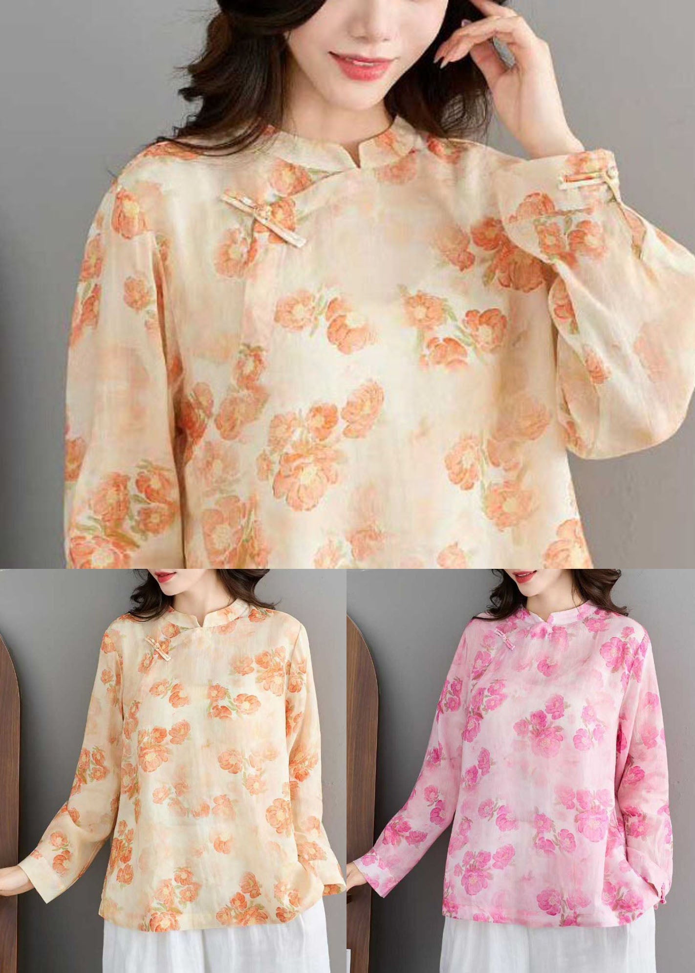 Unique Pink Stand Collar Print Linen Shirt Tops Spring
