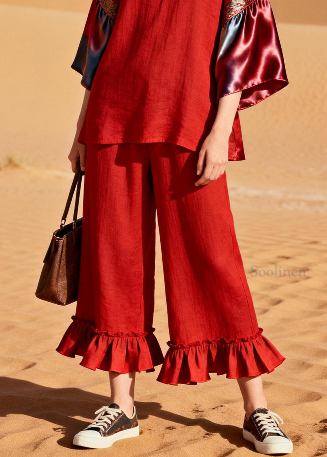 Unique Red Ruffled Patchwork Linen Silk Two Piece Set Outfits Summer