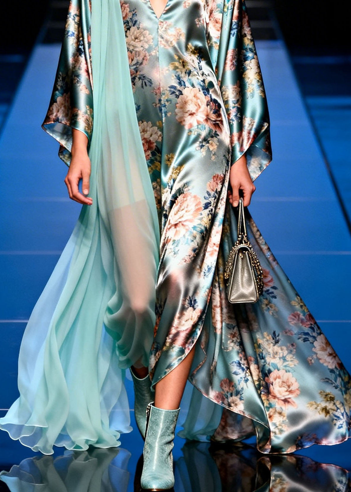 Unique V Neck Asymmetrical Design Patchwork Print Silk Dress Spring