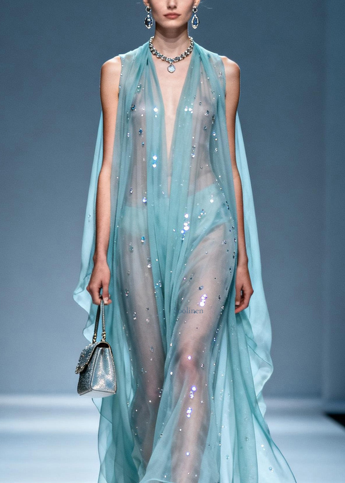 Unique V Neck Zircon Chiffon Long Dresses Summer