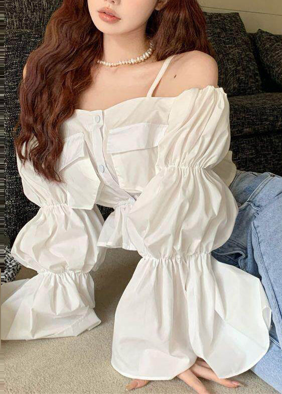 Unique White Cold Shoulder Cotton Shirt Tops Puff Sleeve