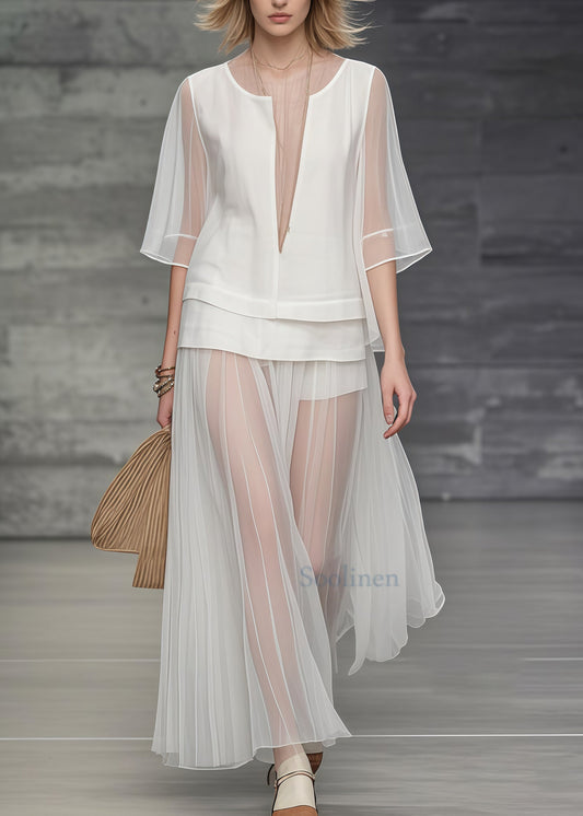 Unique White Deep-V Neck Patchwork Tulle Two Piece Set Women Clothing Summer