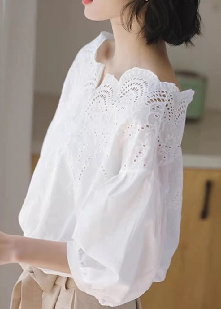 Unique White Hollow Out Shirts Puff Sleeve