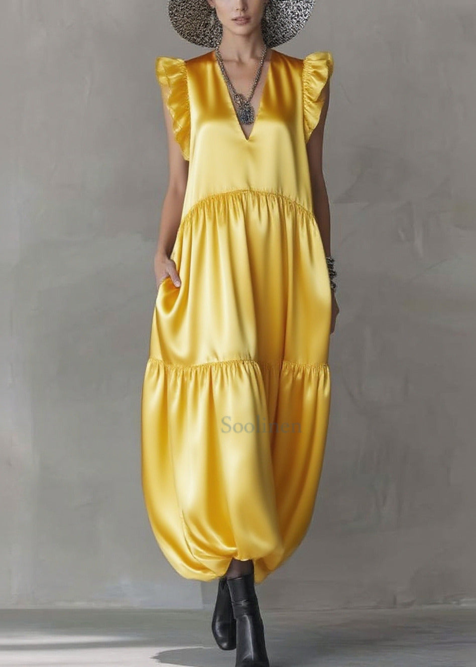 Unique Yellow Ruffled Draping Silk Long Dress Sleeveless