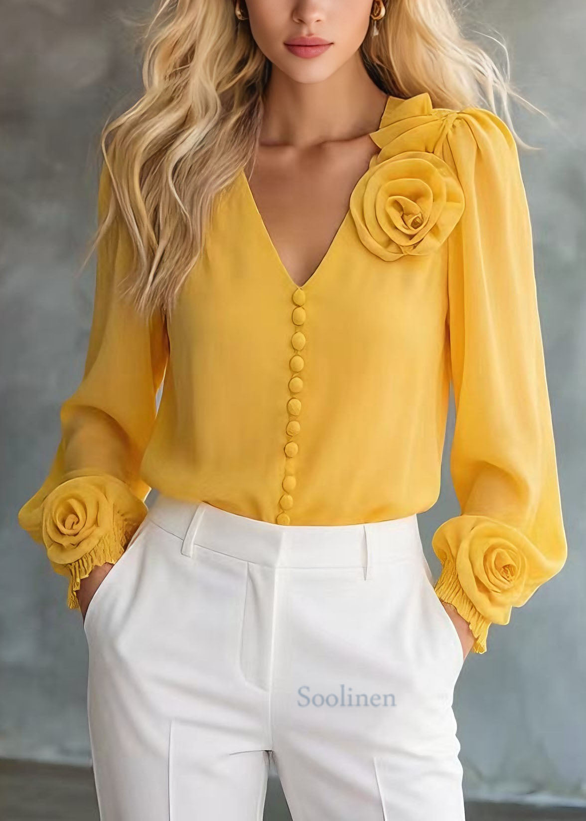 Unique Yellow V Neck Floral Chiffon Shirt Tops Spring
