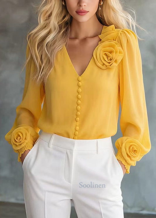 Unique Yellow V Neck Floral Chiffon Shirt Tops Spring