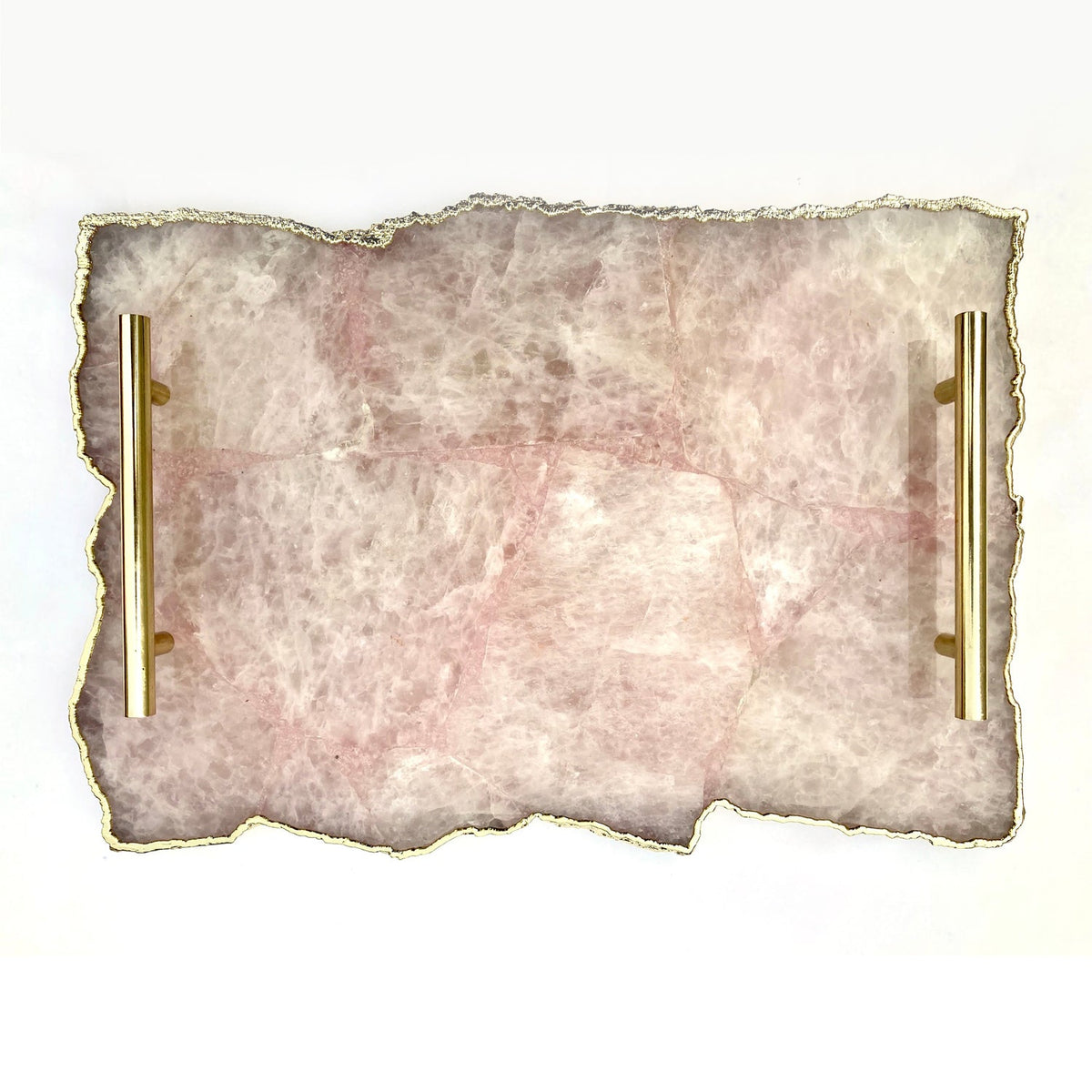 Large Rose Quartz Agate Serving Tray With Brass Handles 10"x15"-0