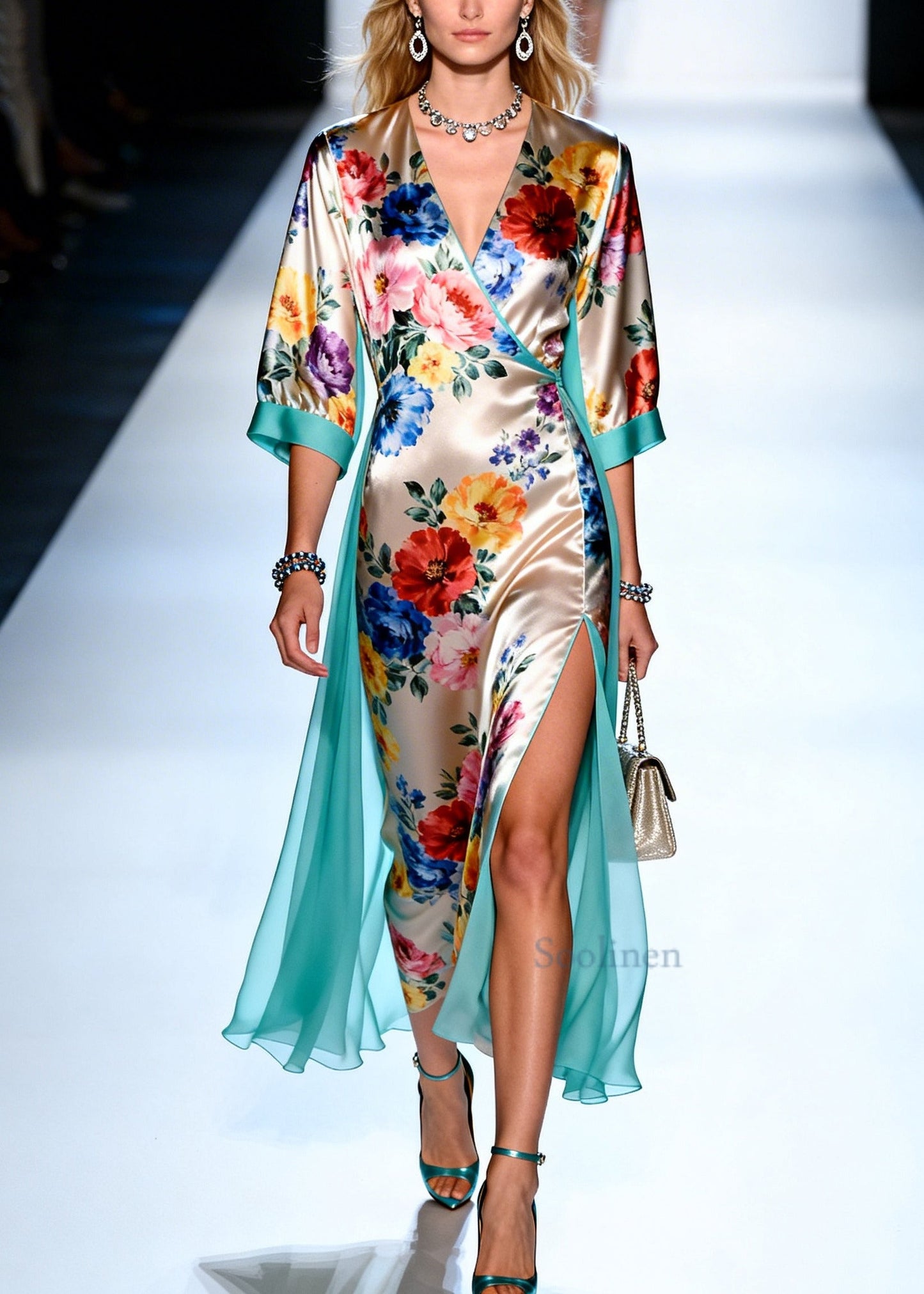 Vintage Apricot Print Tulle Patchwork Side Open Silk Dress Summer