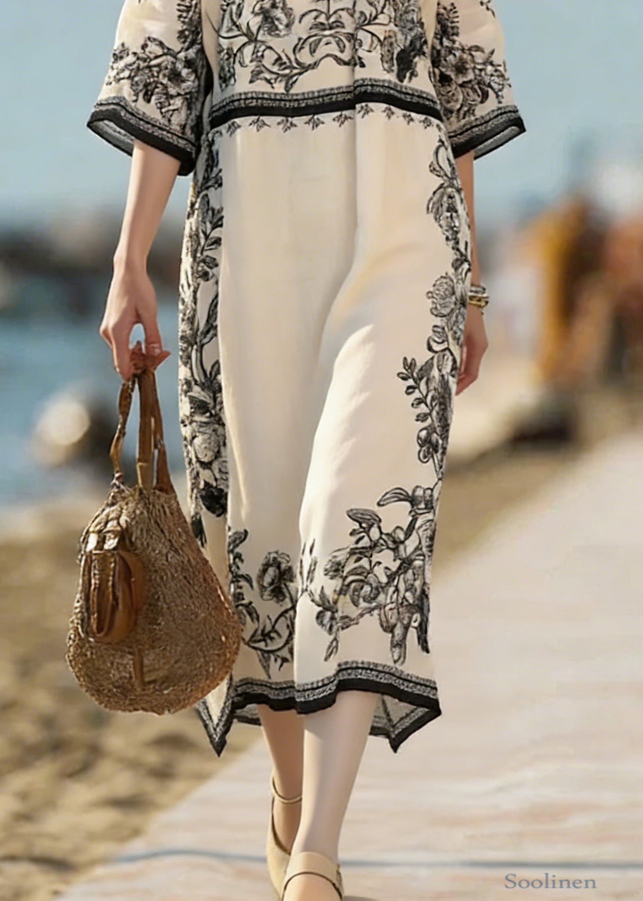 Vintage Beige Print Side Open Linen Dress Bracelet Sleeve