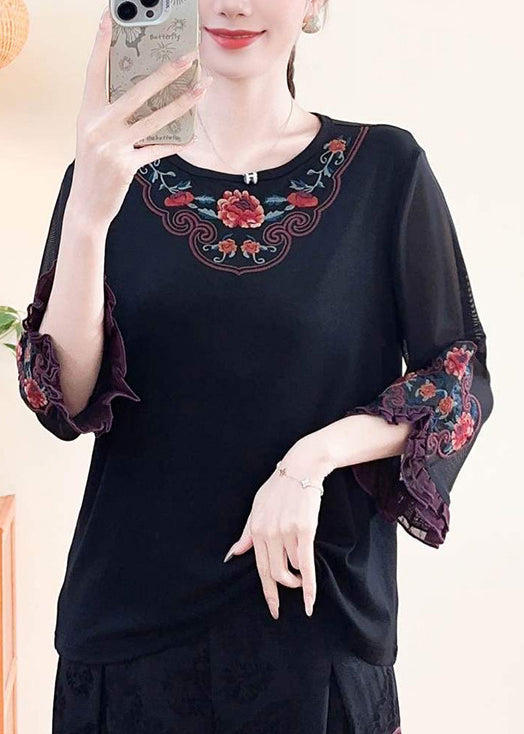 Vintage Black Embroidered Floral Cotton Shirt Tops Bracelet Sleeve