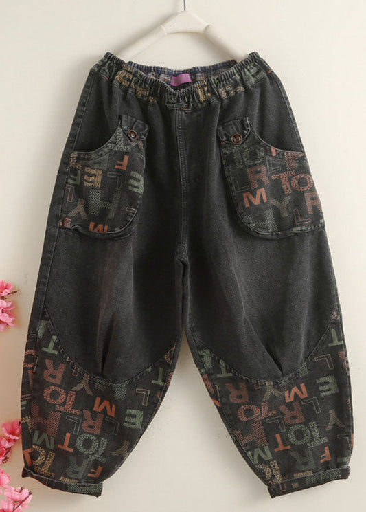 Vintage Black Pockets Graphic Print Denim Harem Pants Spring