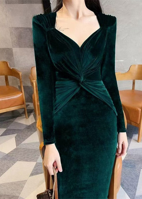 Vintage Blackish Green Cinched Patchwork Silk Velvet Long Dresses Fall