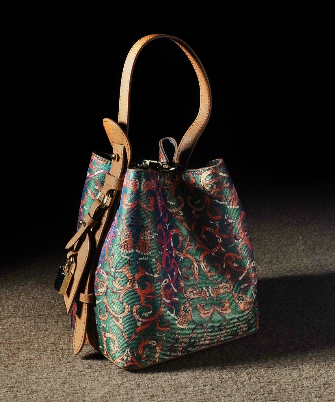 Vintage Blackish Green Jacquard Cotton Bucket Bag