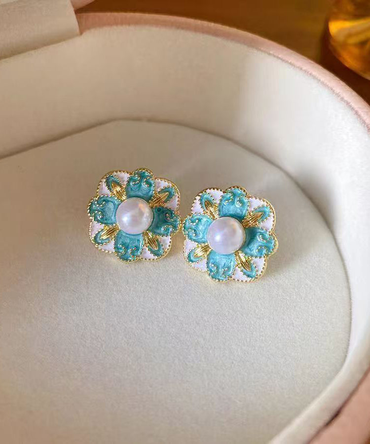 Vintage Blue Copper Pearl Floral Stud Earrings