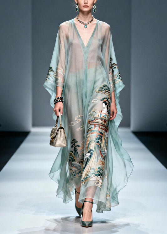 Vintage Blue Oversized Print Chiffon Long Dresses Summer