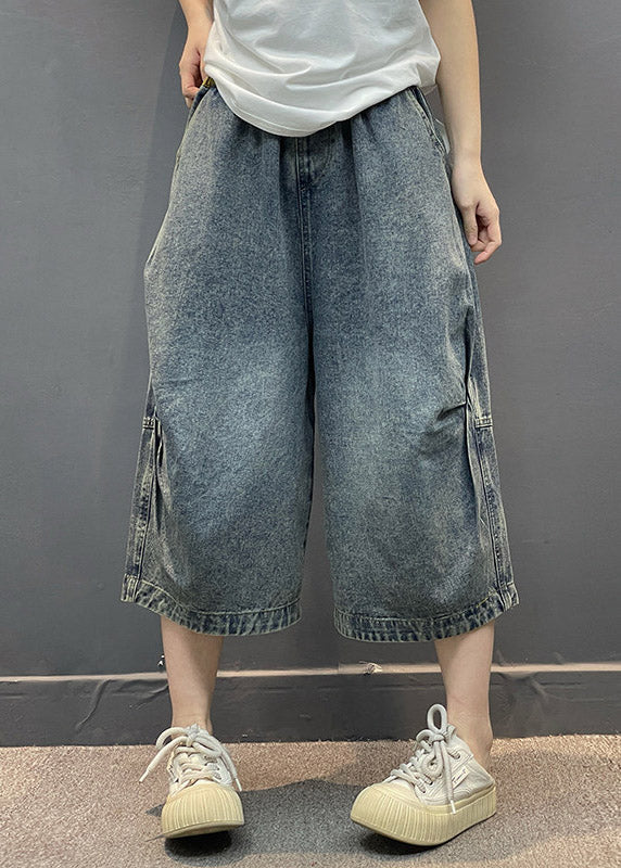 Vintage Blue Pockets Patchwork Crop Jeans Summer