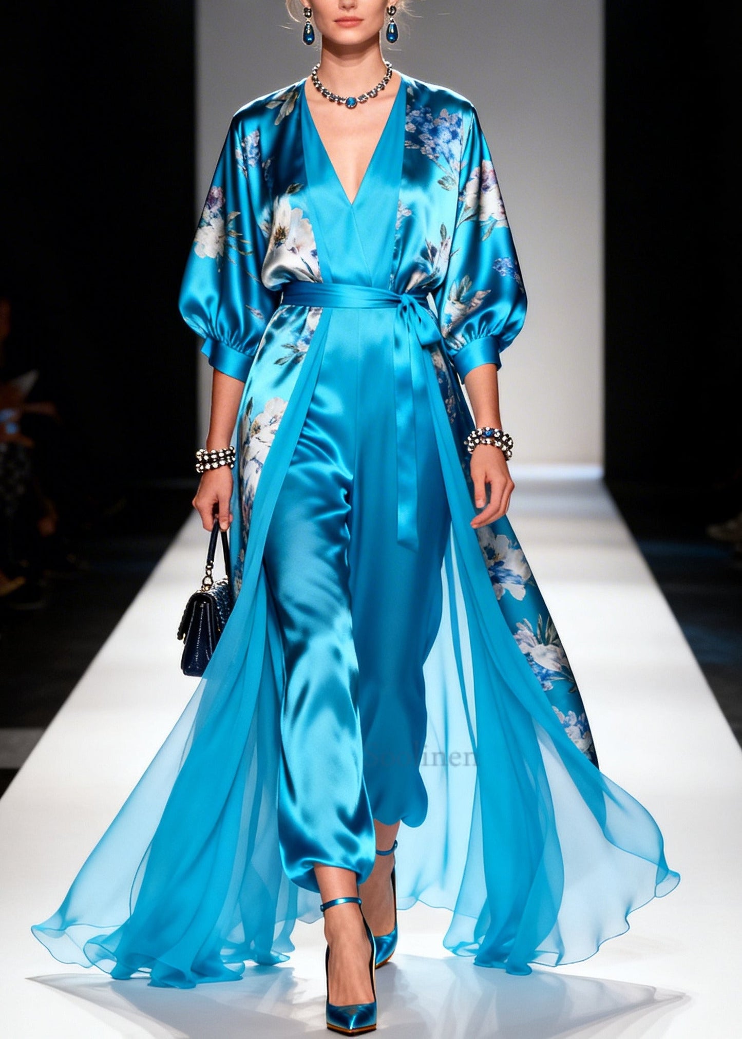 Vintage Blue Print Draping Silk Long Dresses Two Piece Set Summer