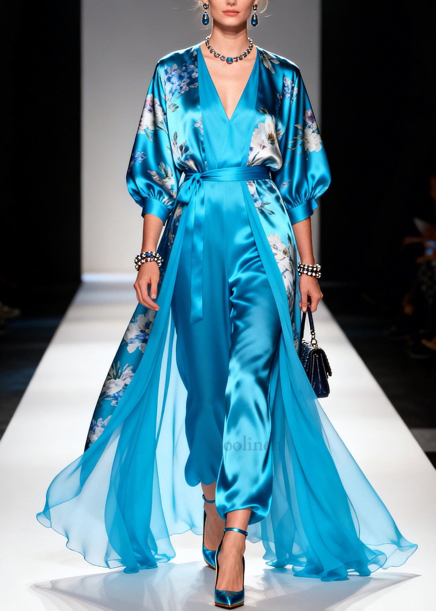 Vintage Blue Print Draping Silk Long Dresses Two Piece Set Summer
