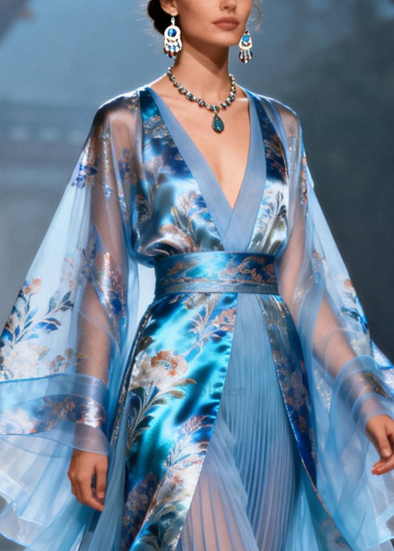 Vintage Blue Tunic Patchwork Wrinkled Chiffon Dresses Summer