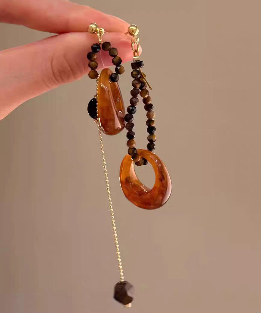 Vintage Brown Copper Overgild Asymmetrical Tiger's Eye Beading Tassel Drop Earrings