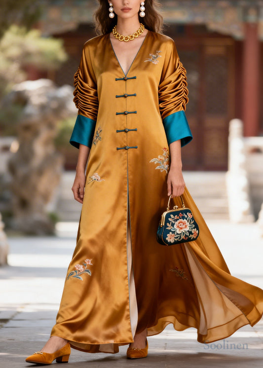 Vintage Brown Print Patchwork Chinese Button Silk Oriental Dress Fall