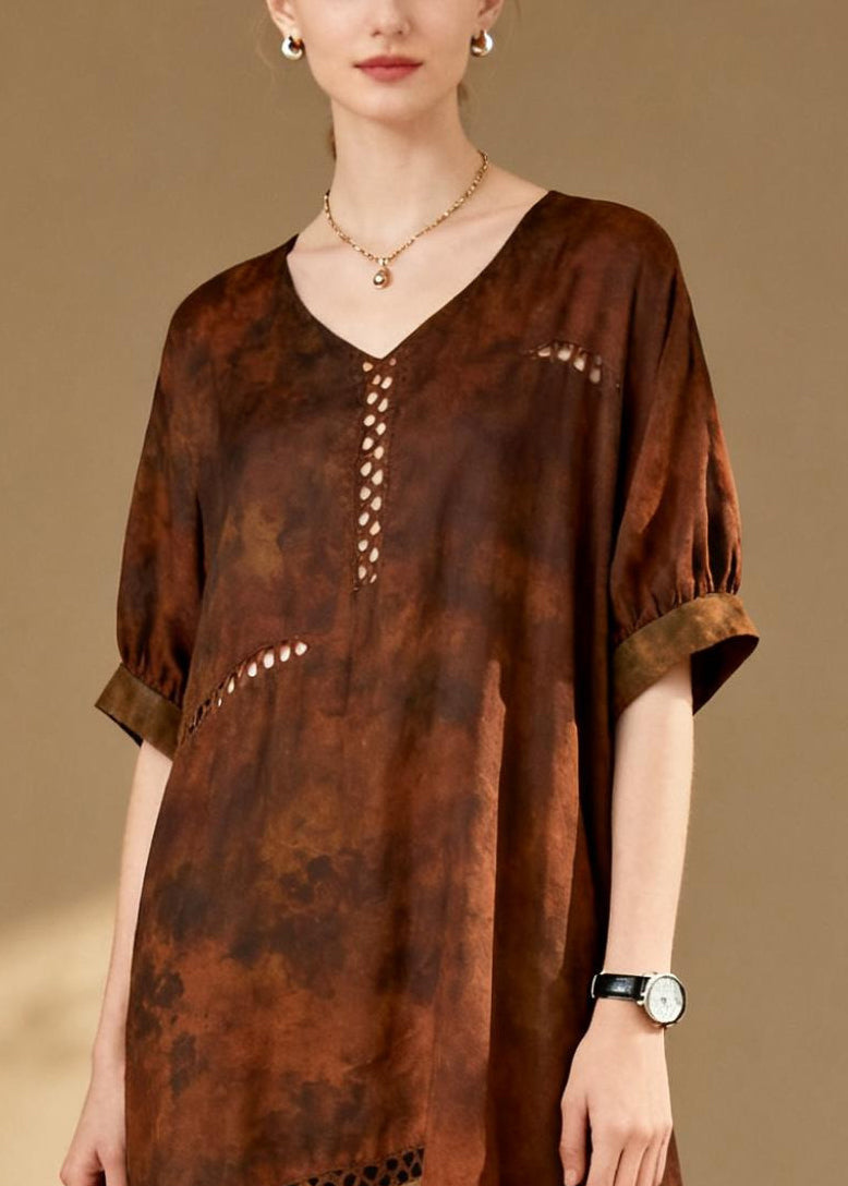 Vintage Brown Tie Dye Patchwork Hollow Out Cotton Dress Summer