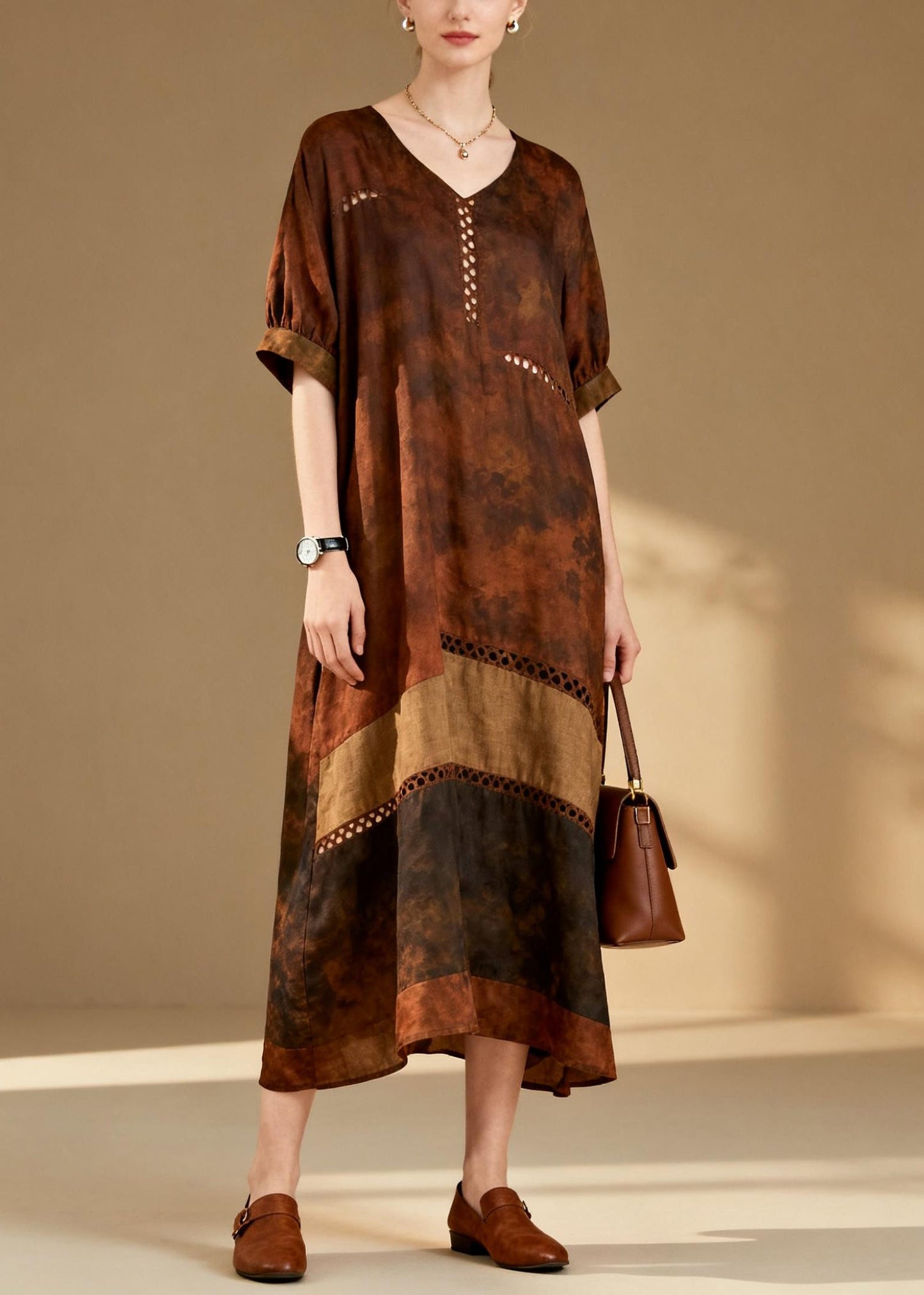 Vintage Brown Tie Dye Patchwork Hollow Out Cotton Dress Summer