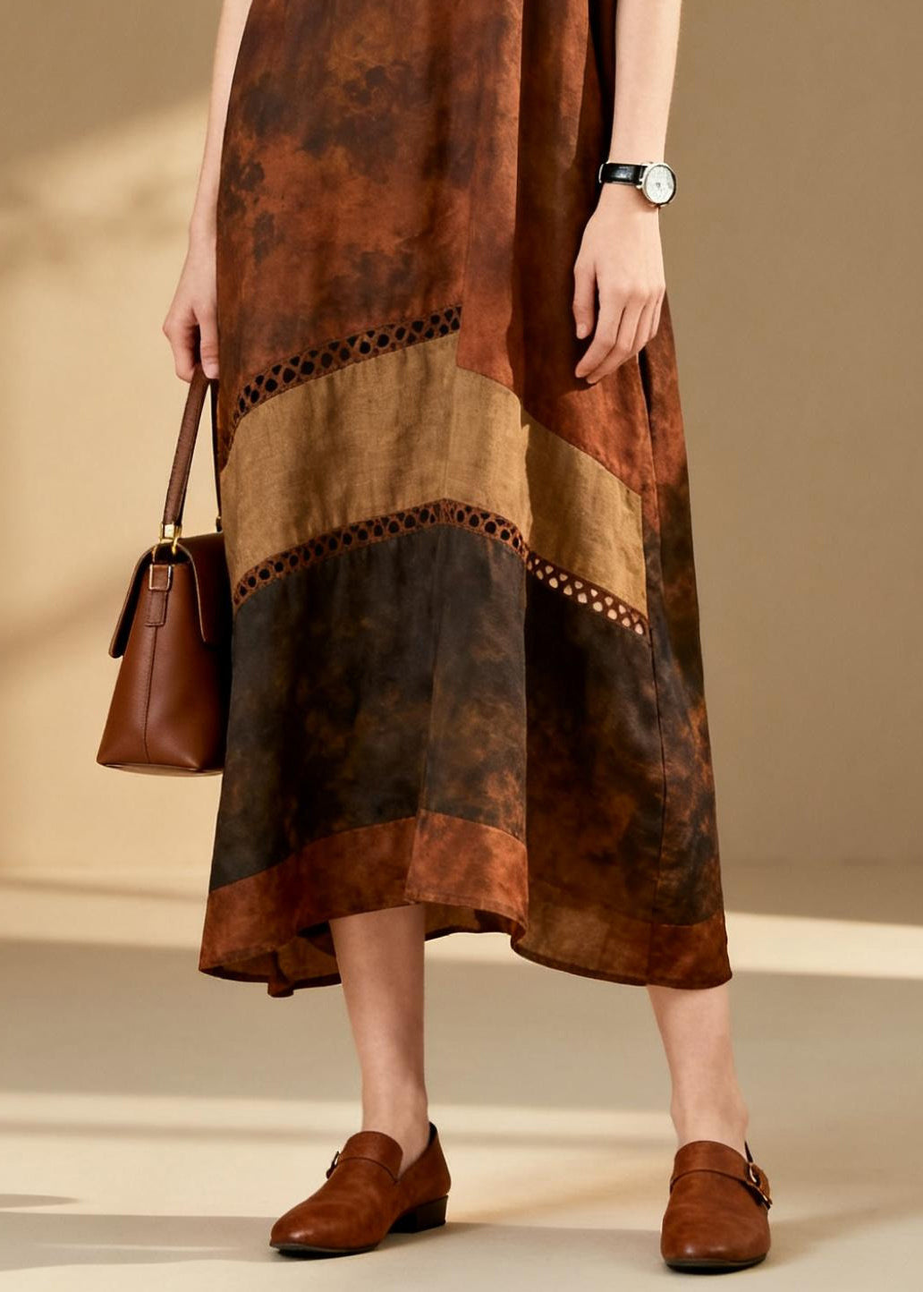 Vintage Brown Tie Dye Patchwork Hollow Out Cotton Dress Summer