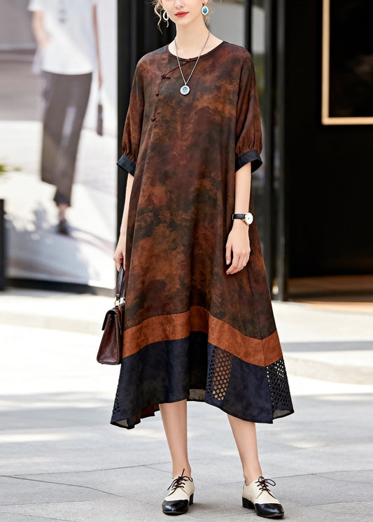 Vintage Chocolate Print Patchwork Hollow Out Cotton Dress Summer