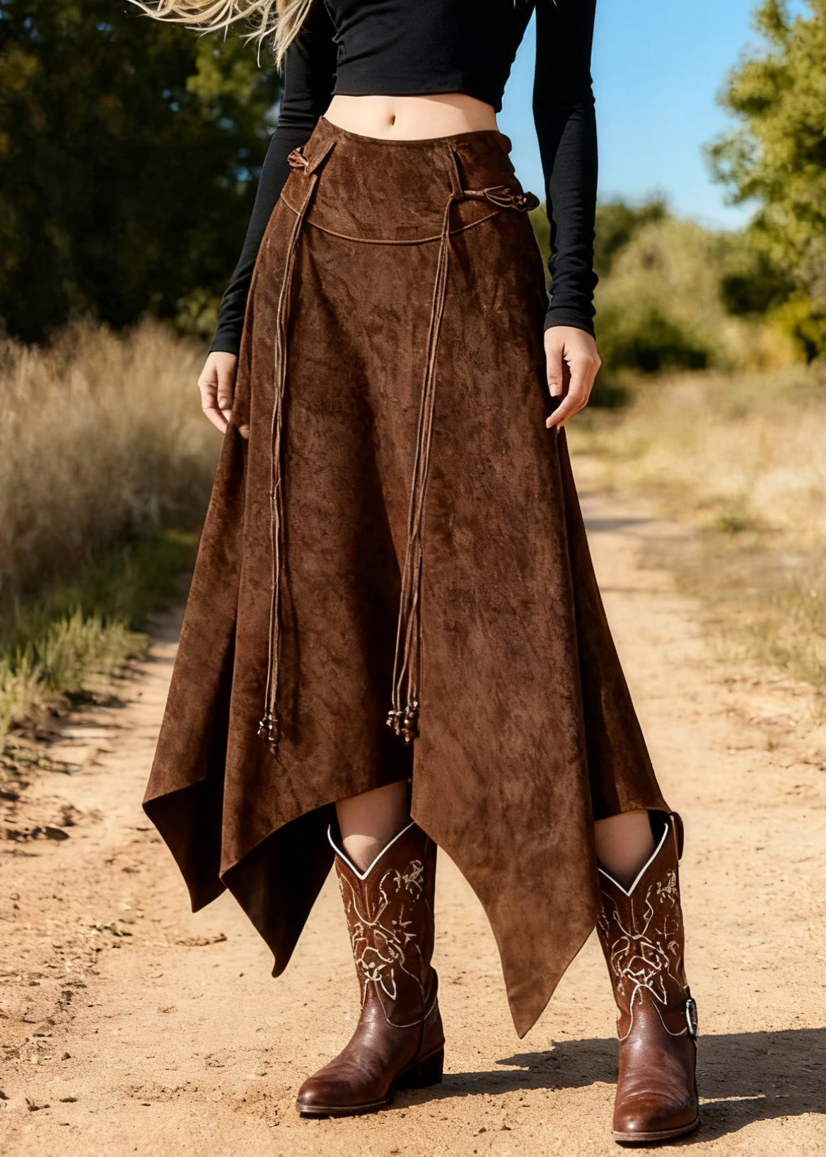 Vintage Coffee Asymmetrical Lace Up High Waist Faux Suede Skirts Spring
