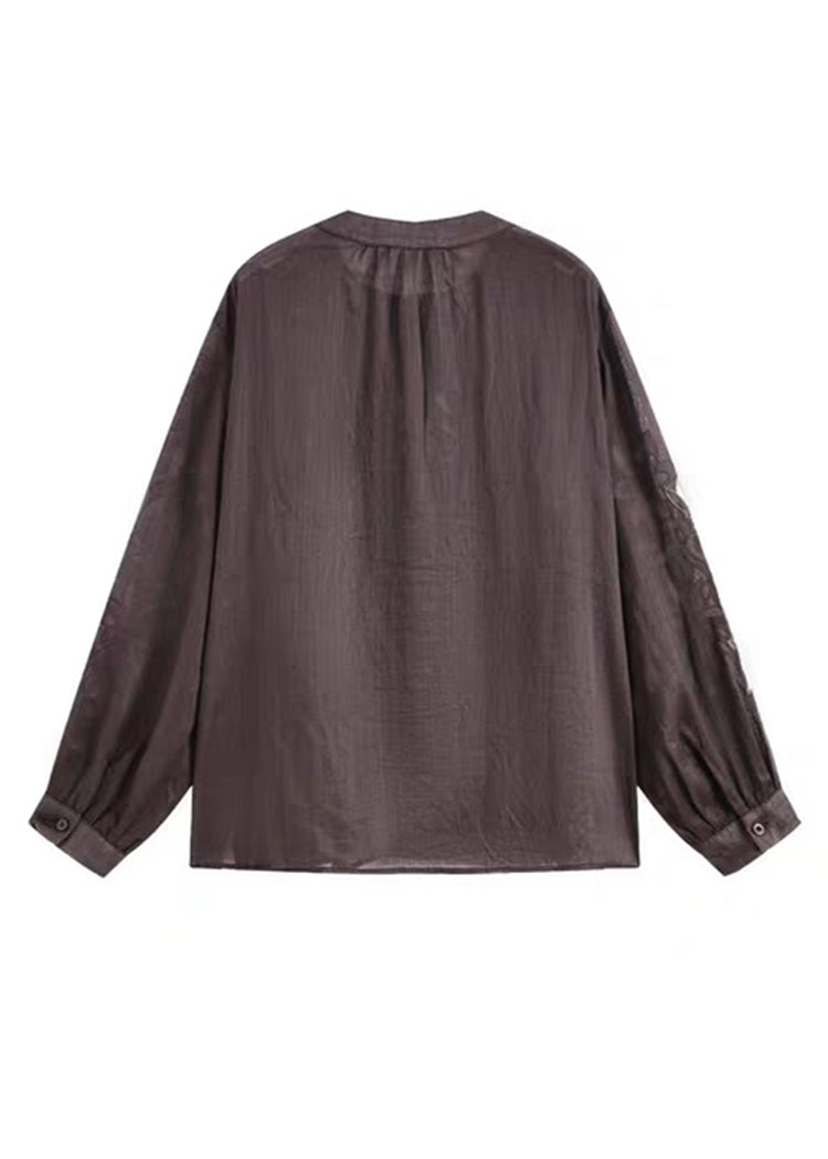 Vintage Coffee O-Neck Button Embroidered Ramie Shirt Spring