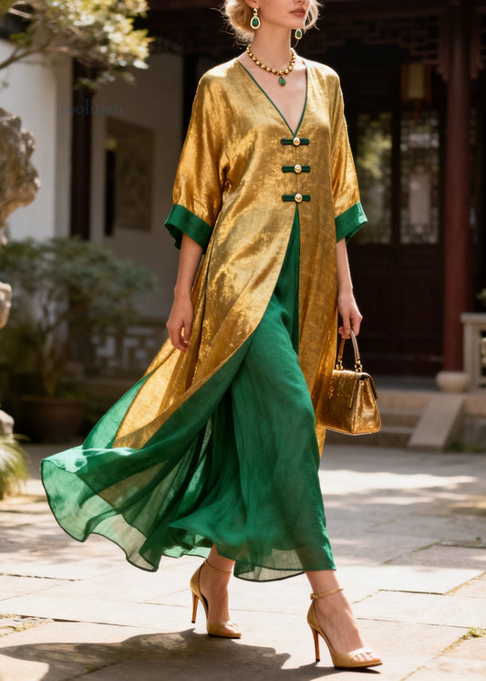 Vintage Colorblock V Neck Patchwork False Two Pieces Cotton Dress Summer