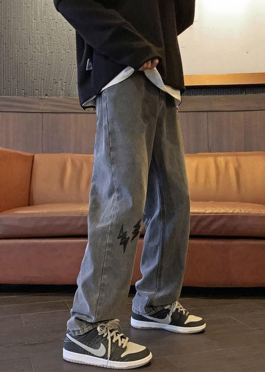 Vintage Dark Gray Embroideried High Waist Cotton Men Pants Summer