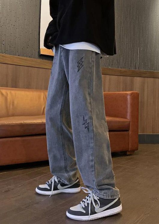 Vintage Dark Gray Embroideried High Waist Cotton Men Pants Summer