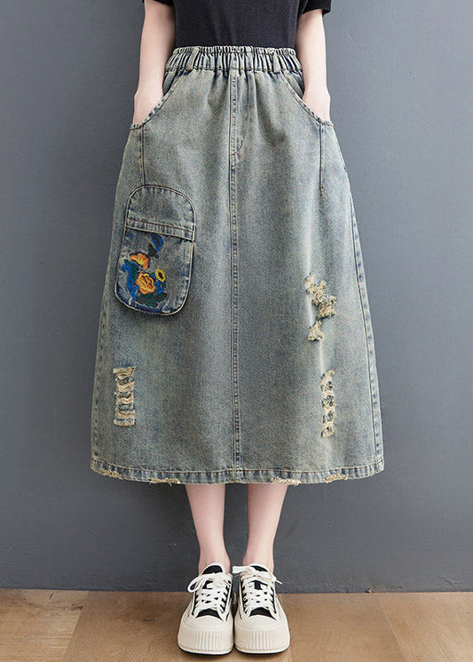 Vintage Denim Blue Hole Elastic Waist A Line Skirts Summer