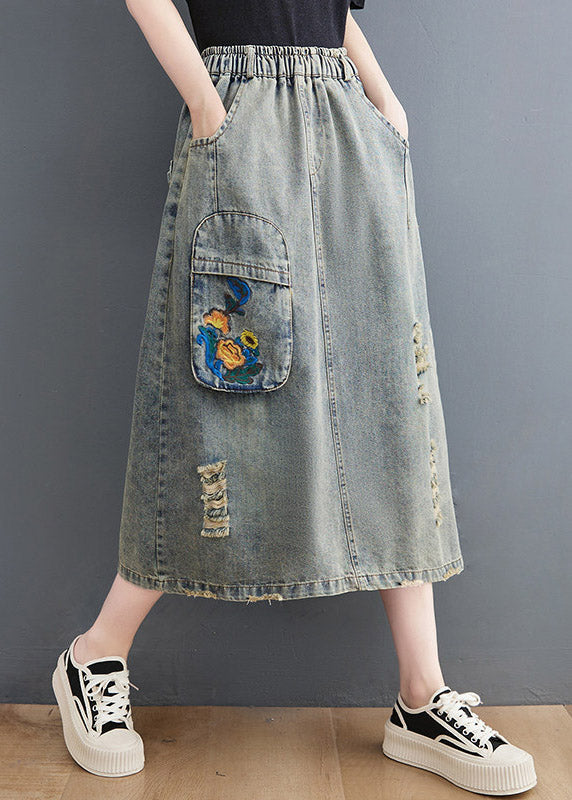 Vintage Denim Blue Hole Elastic Waist A Line Skirts Summer