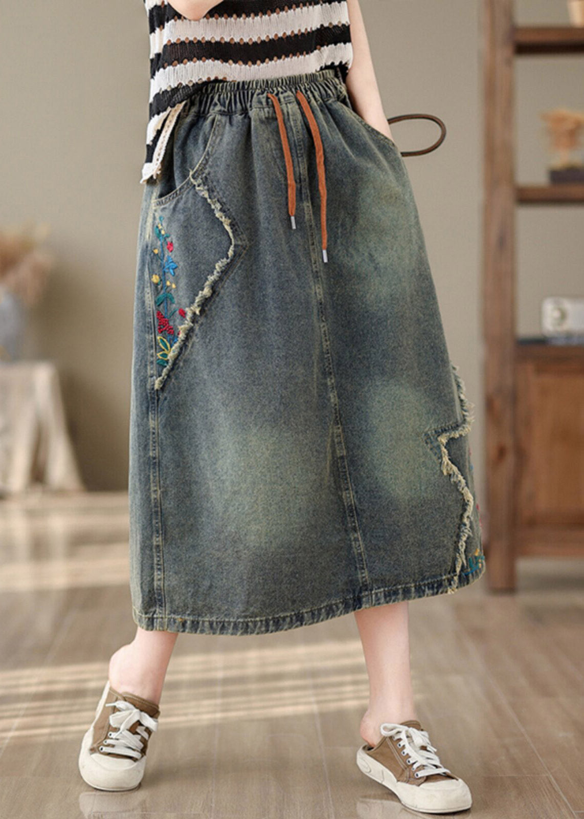 Vintage Denim Blue Pockets Patchwork Tie Waist Maxi Skirt Summer