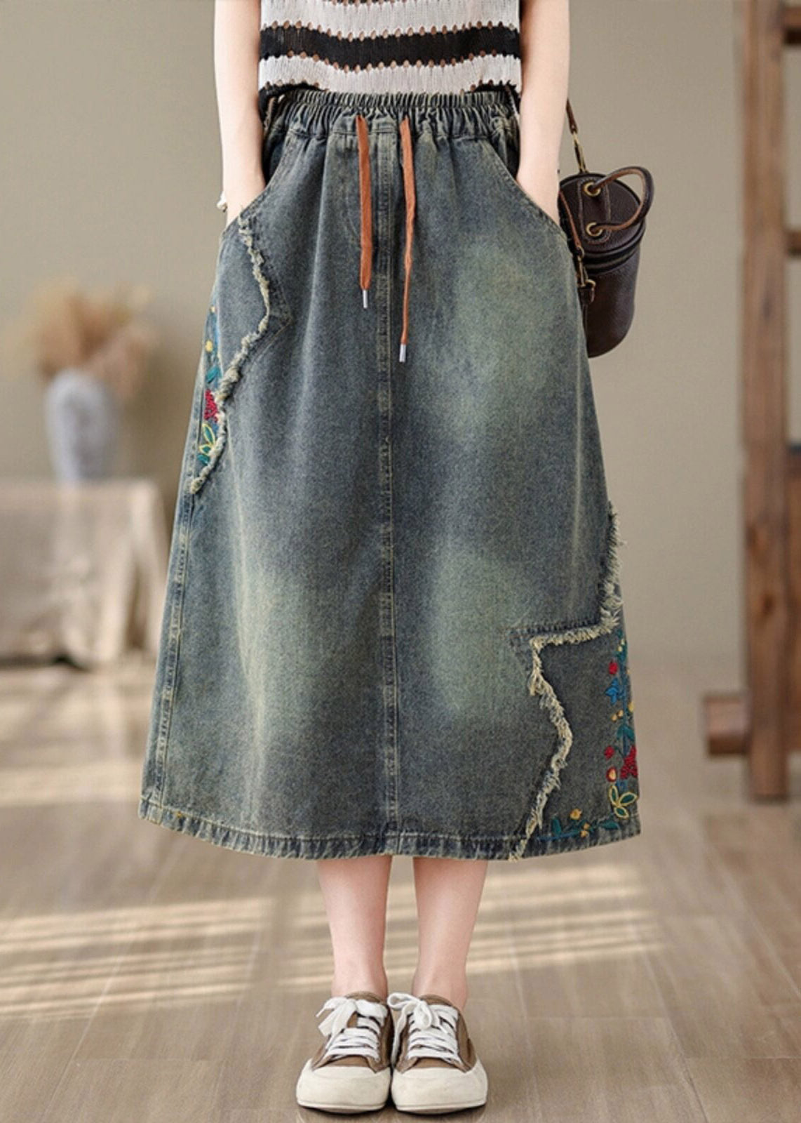 Vintage Denim Blue Pockets Patchwork Tie Waist Maxi Skirt Summer