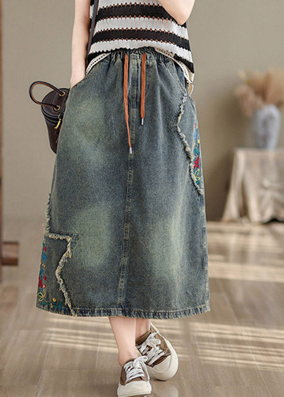 Vintage Denim Blue Pockets Patchwork Tie Waist Maxi Skirt Summer